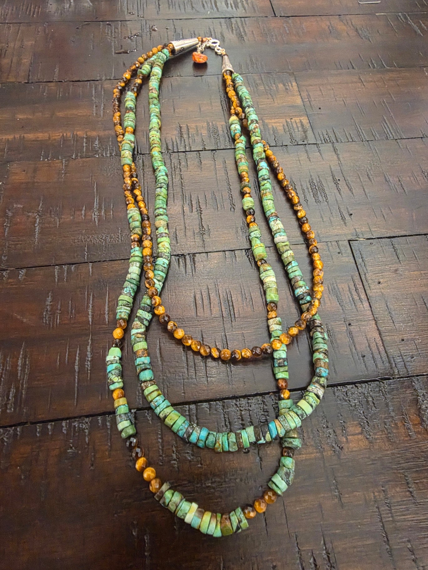 AQ turquoise  tigerseye  3 strands necklace  sterling  clasp